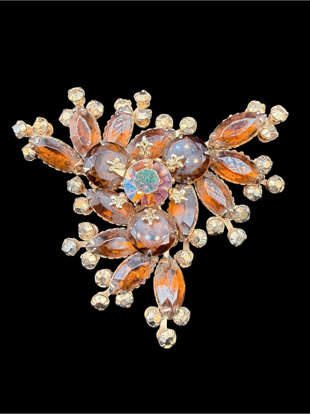 Vintage Glam Amber Crystal Floral Brooch